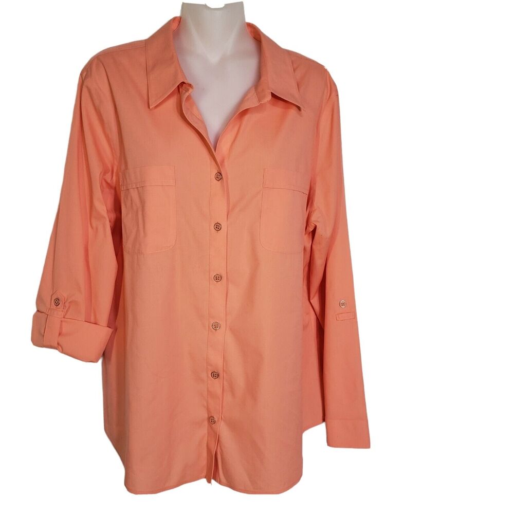 Chicos Womens Top Size 2 Large 12 Orange Shirt No Iron Button Front Roll Sleeve